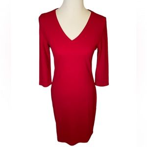 Express Red Stretch Knit V-Neck 3/4 Long Sleeve MIDI Dress Size Small